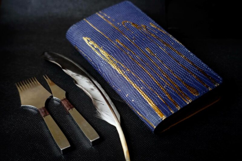 Handmade Bifold Lizard leather long wallet - Navy Blue with Golden Metallic